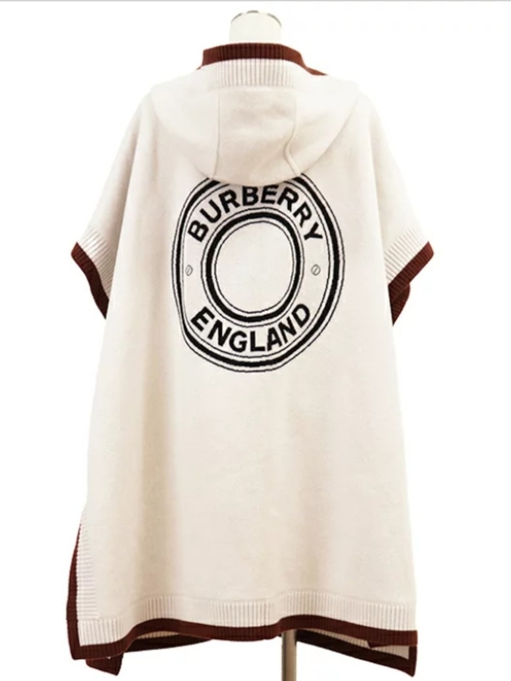 Burberry Cream Hooded Poncho with Brown Trim and England Logo